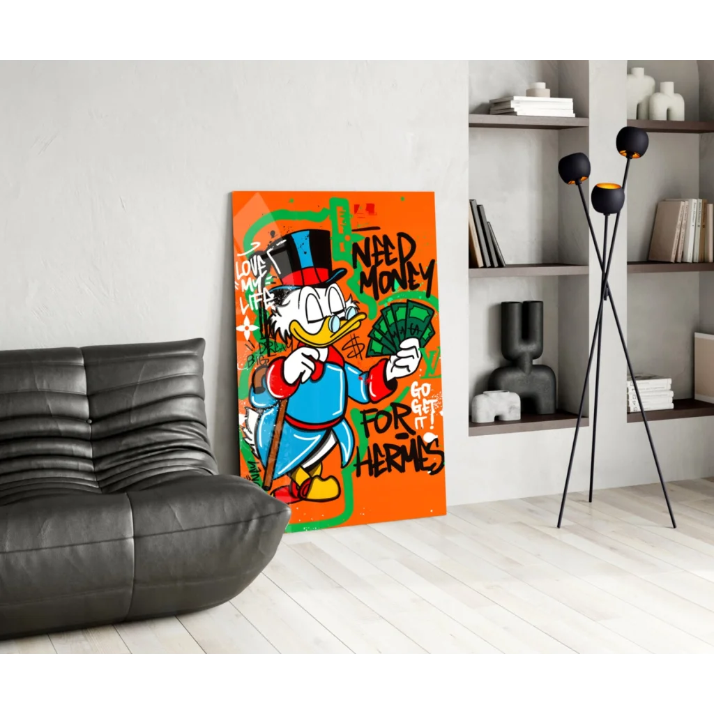 Donald Duck graffiti wall art canvas with orange vibes and cash