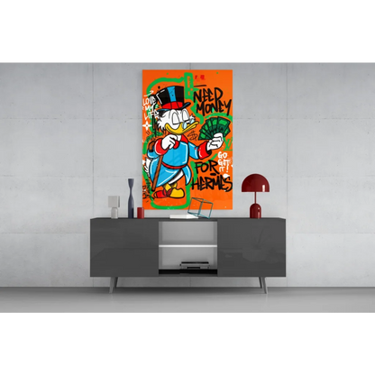 Vibrant Donald Duck graffiti wall art canvas with money motif