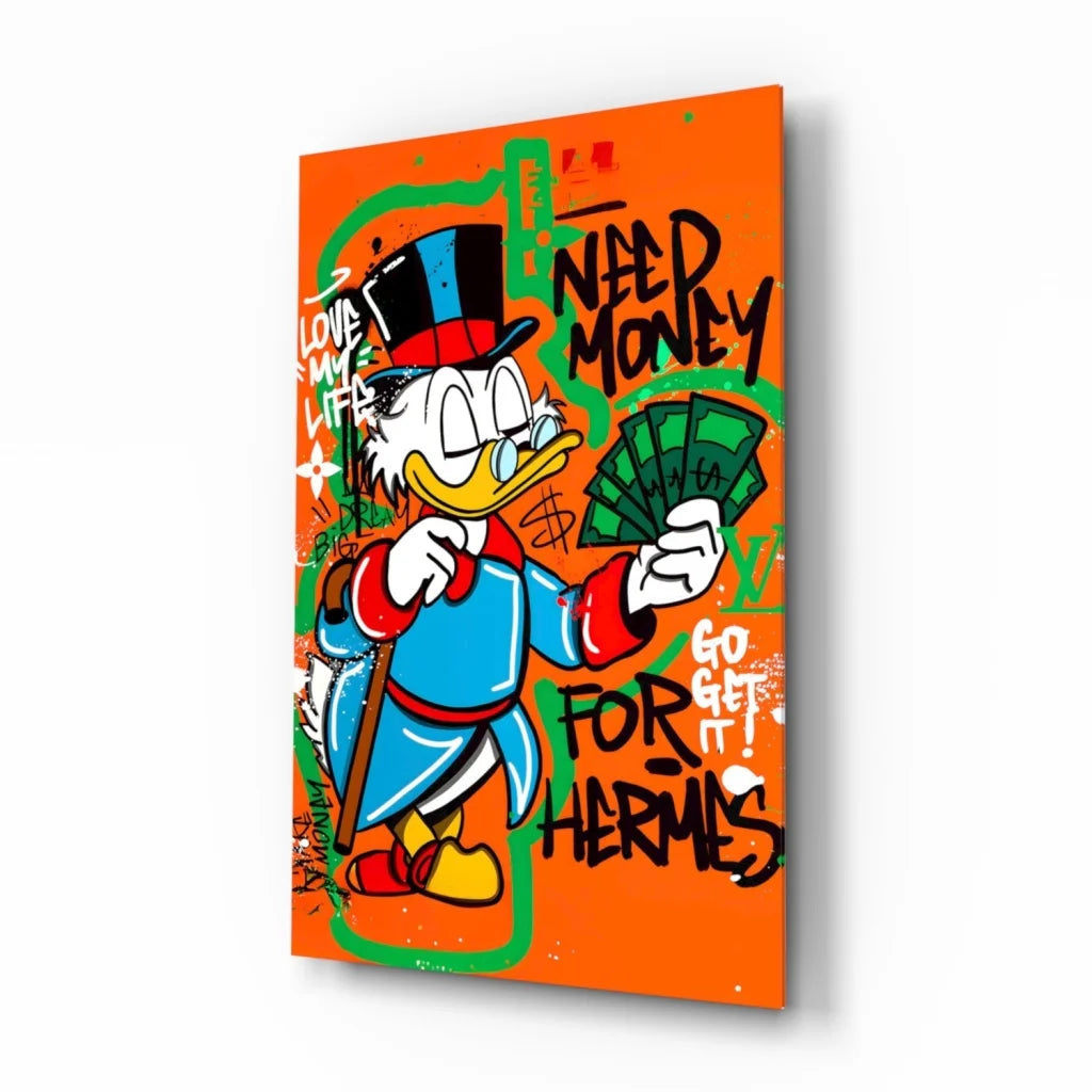 Vibrant graffiti Donald Duck in blue suit with money canvas wall art