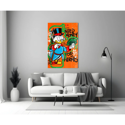 Vibrant Donald Duck in top hat and suit holding money, graffiti canvas wall art