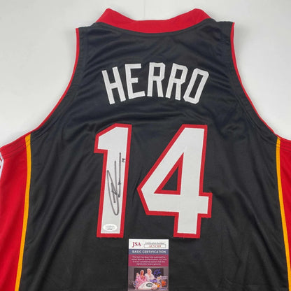 Autographed Herro 14 custom jersey in black red with white lettering, NBA collectible
