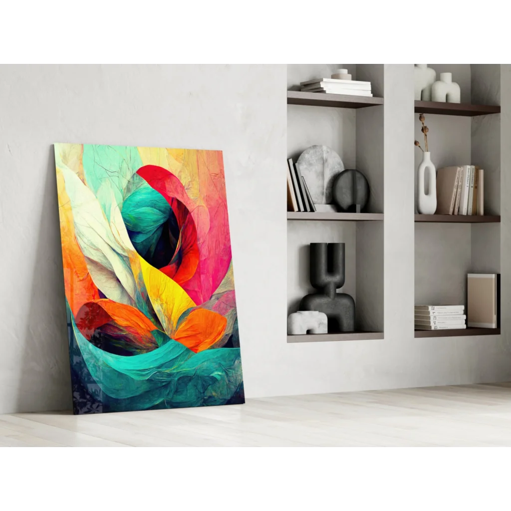 Vibrant swirling colors abstract wall art canvas in teal, red, yellow, orange