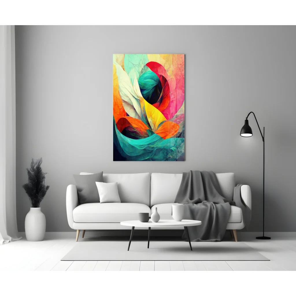 Vibrant swirling colors abstract wall art canvas above white sofa