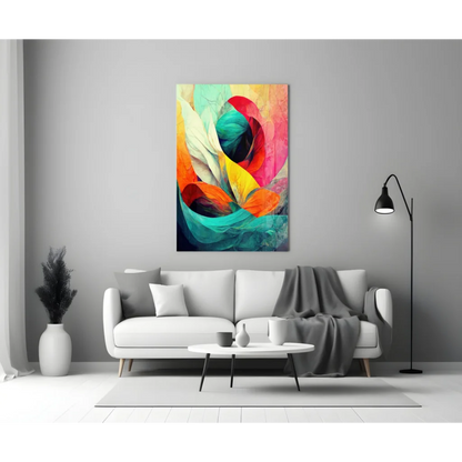 Vibrant swirling colors abstract wall art canvas above white sofa
