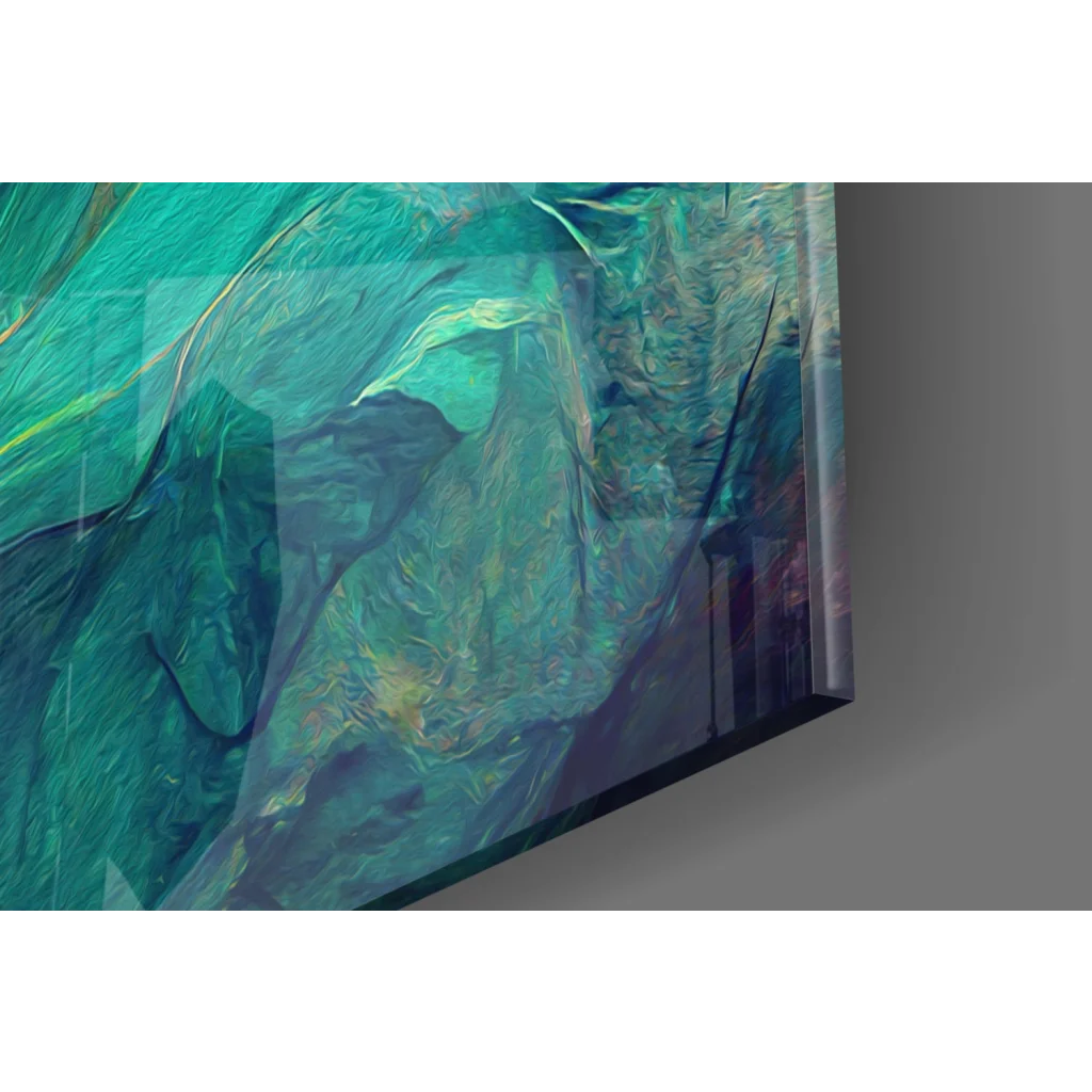 Vibrant swirling teal green abstract wall art on sleek TV screen