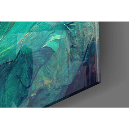 Vibrant swirling teal green abstract wall art on sleek TV screen