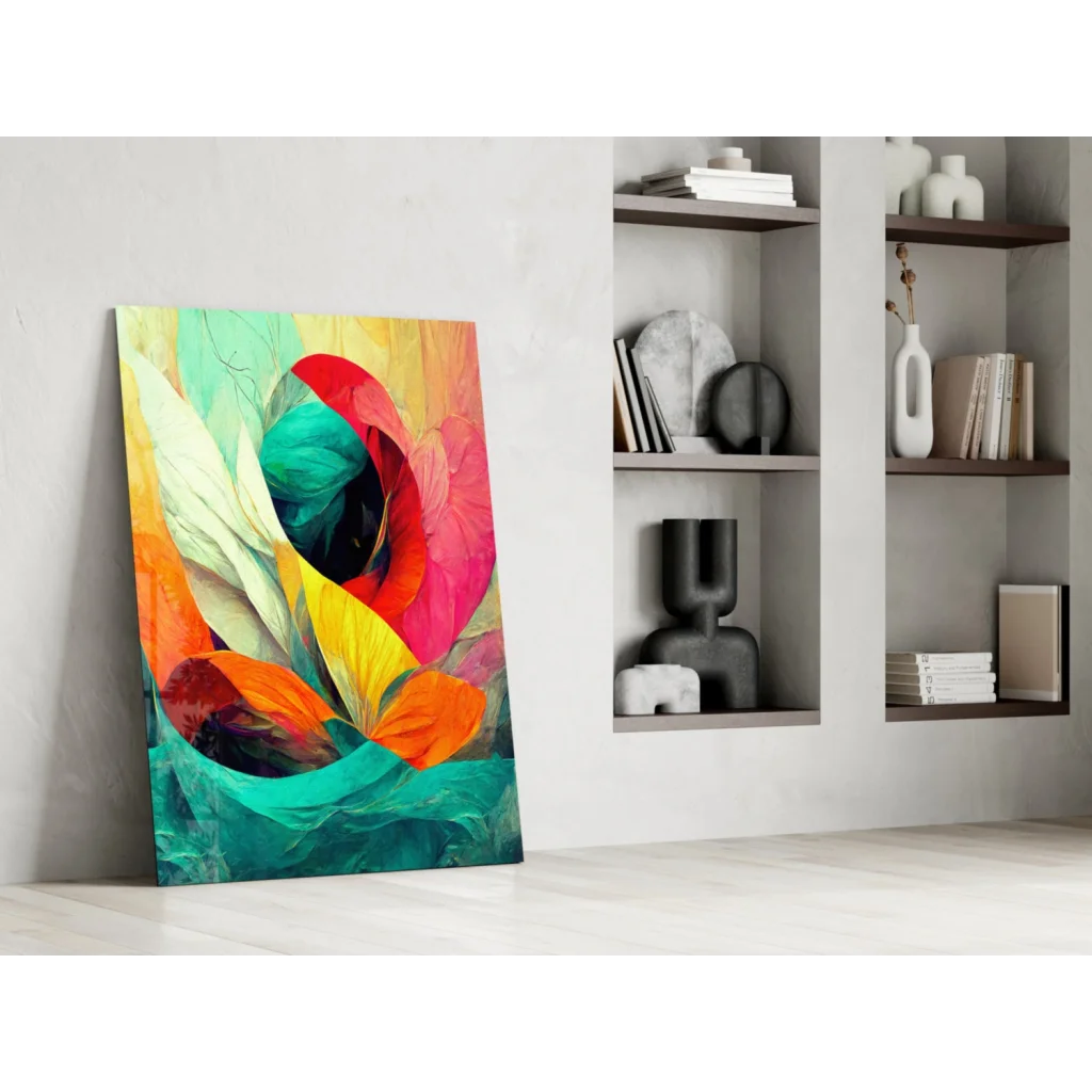 Vibrant swirling floral glass wall art in bold red, teal, orange, yellow hues