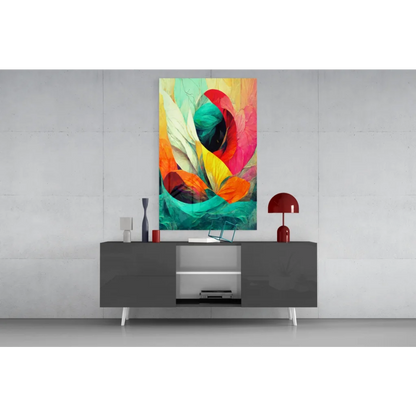 Vibrant swirling floral glass wall art in bold red, teal, orange hues