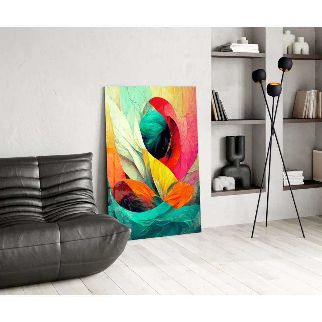 Vibrant swirling floral glass wall art in red teal orange yellow hues