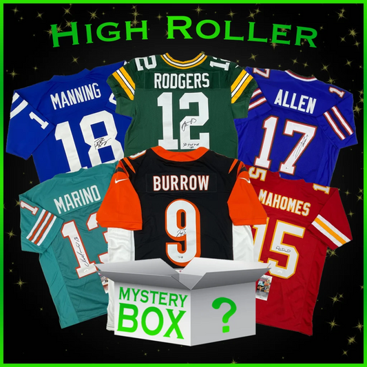 High Roller Autographed Football Jersey Mystery Box with PSA JSA or Beckett COA | Hall of Fame Sports Memorabilia | vintageantiquesgifts.com