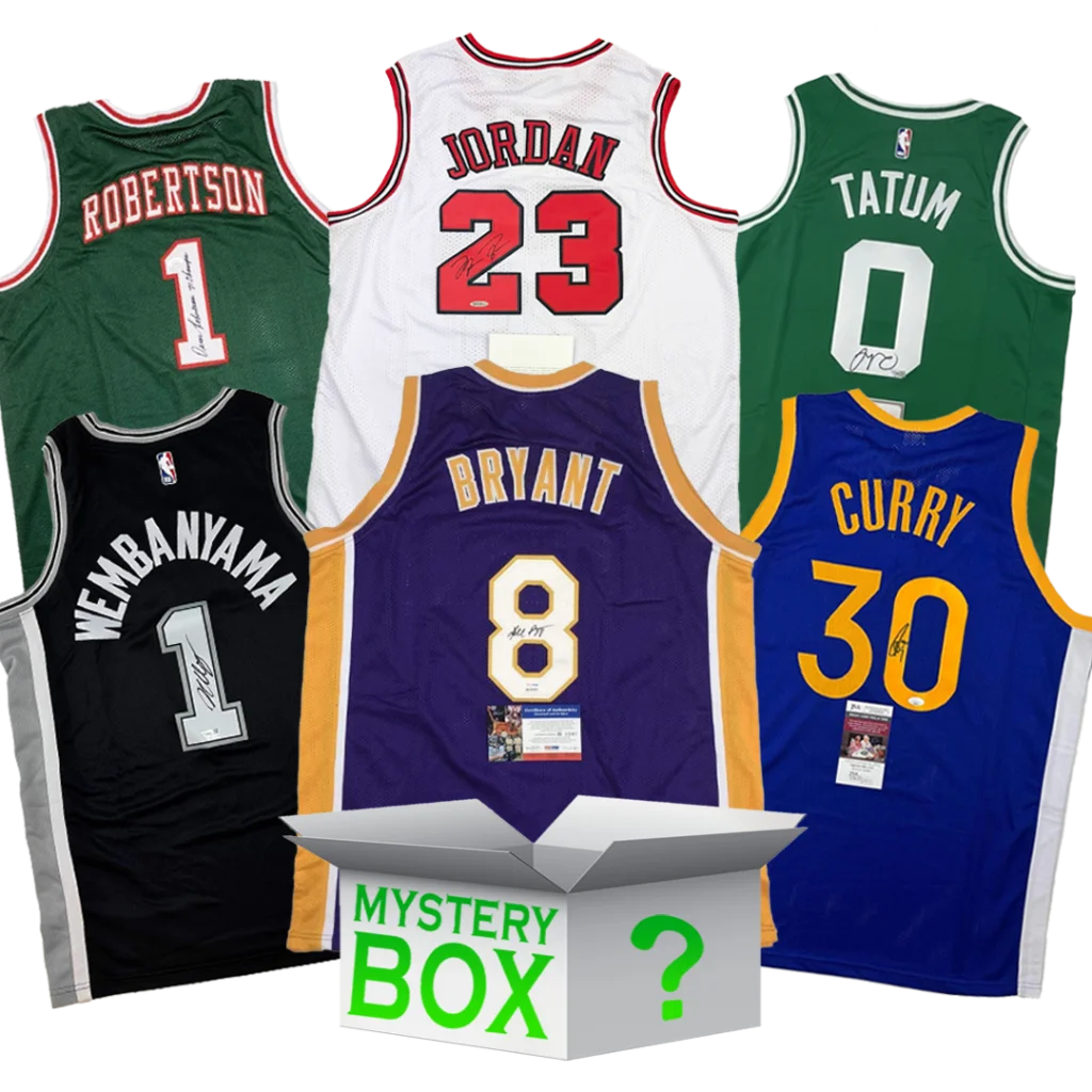 Six signed basketball jerseys and a High Roller Mystery Box package for collectors