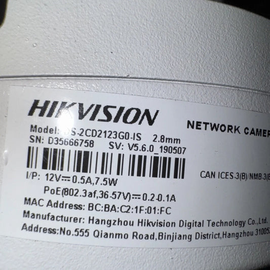 Hikvision DS-2CD2123G0-IS 4MP dome network camera back view with specs