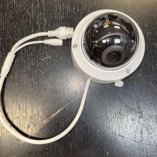 Hikvision DS2CD2123G0I dome camera with white dome, black lens, clear cover, 2 cables