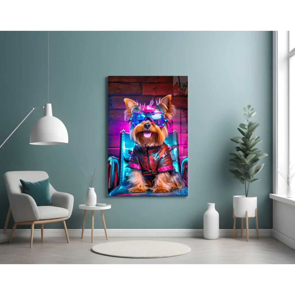Neon cyberpunk yorkie glass wall art with futuristic goggles