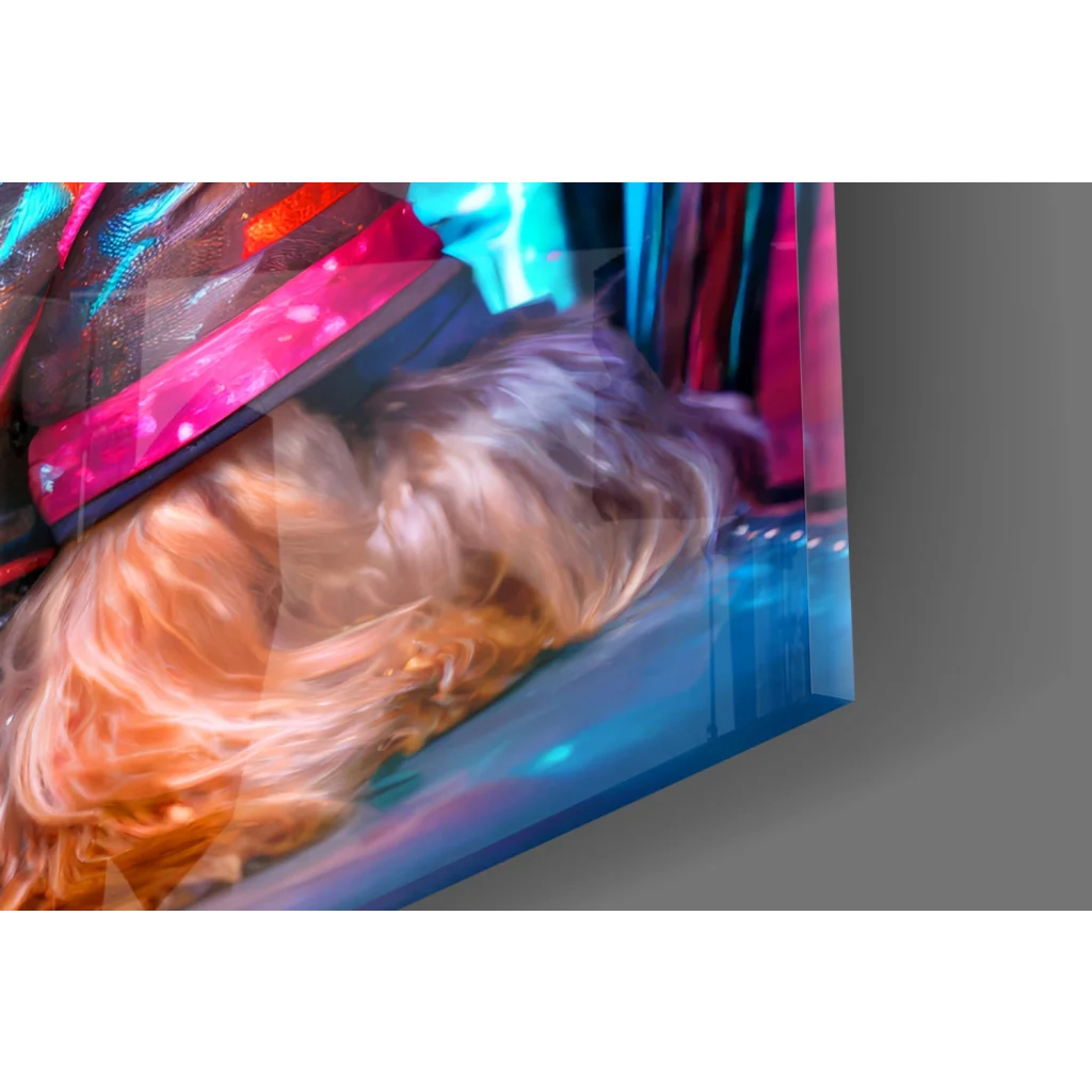 Neon cyberpunk Yorkie glass wall art with fluffy dog and futuristic goggles