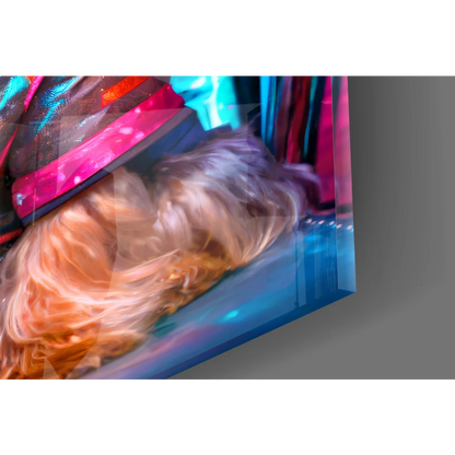 Neon cyberpunk Yorkie glass wall art with fluffy dog and futuristic goggles