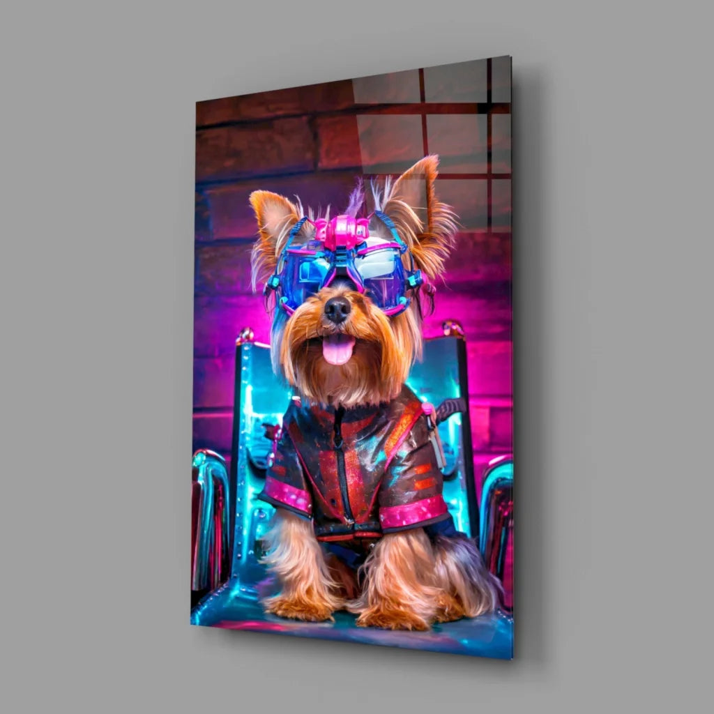 Neon cyberpunk Yorkie glass wall art with glowing futuristic goggles