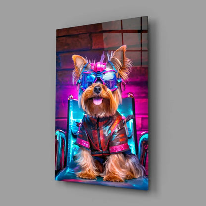 Neon cyberpunk Yorkie glass wall art with glowing futuristic goggles
