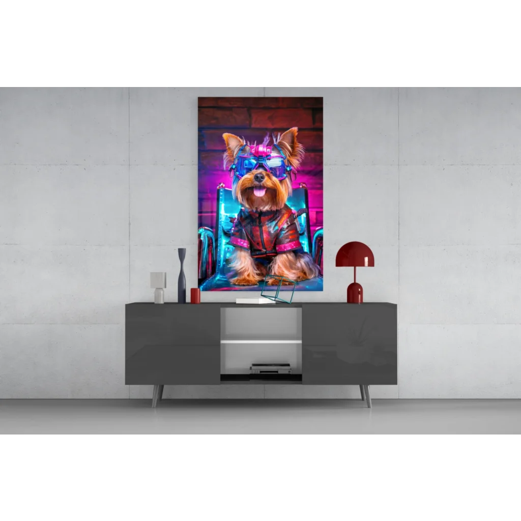 Neon cyberpunk Yorkie glass wall art with futuristic goggles