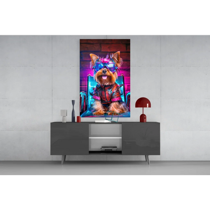 Neon cyberpunk Yorkie glass wall art with futuristic goggles
