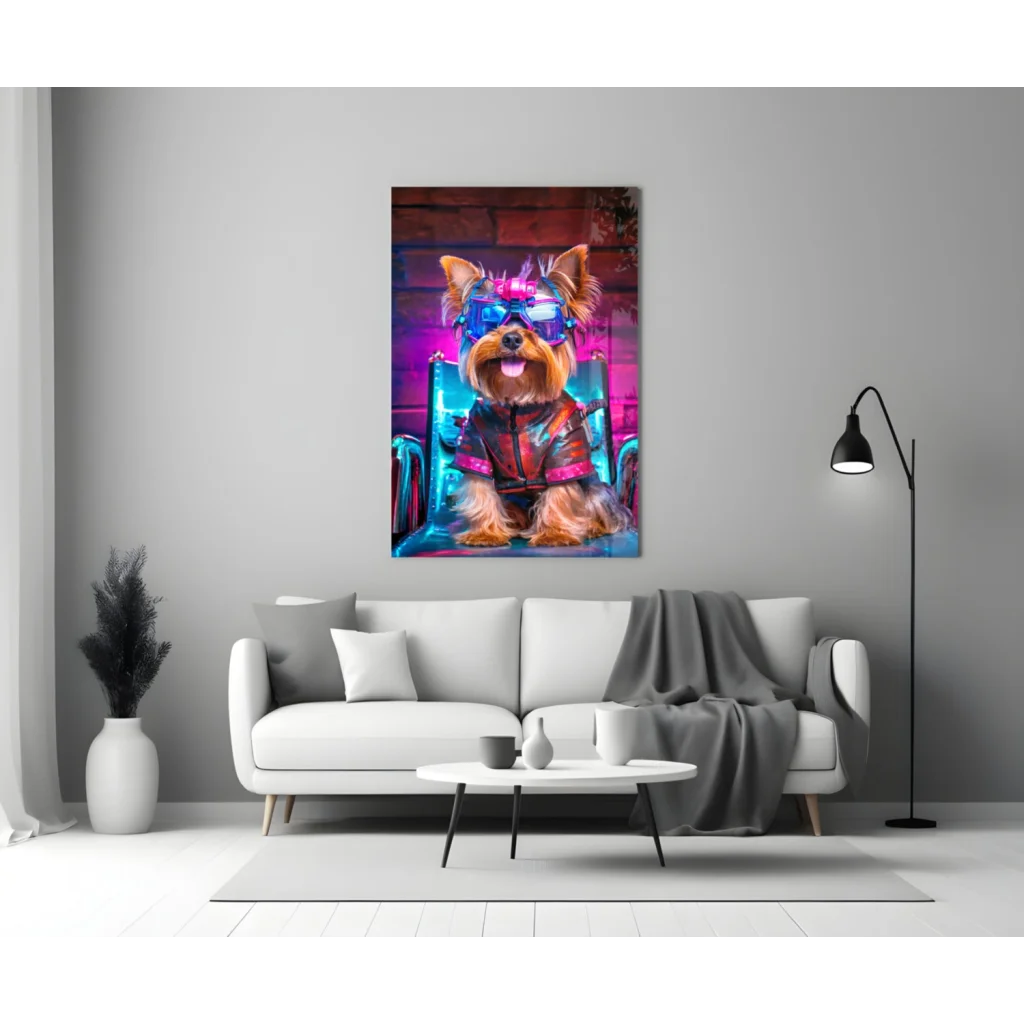 Neon cyberpunk yorkie glass wall art with futuristic goggles