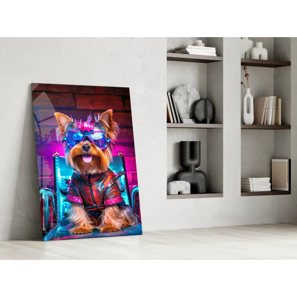 Neon cyberpunk yorkie in goggles on electric chair glass wall art