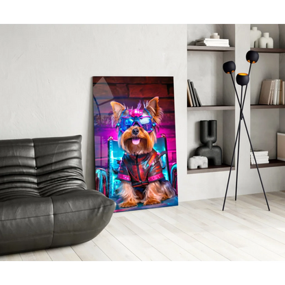 Vibrant neon cyberpunk yorkie glass wall art with futuristic goggles