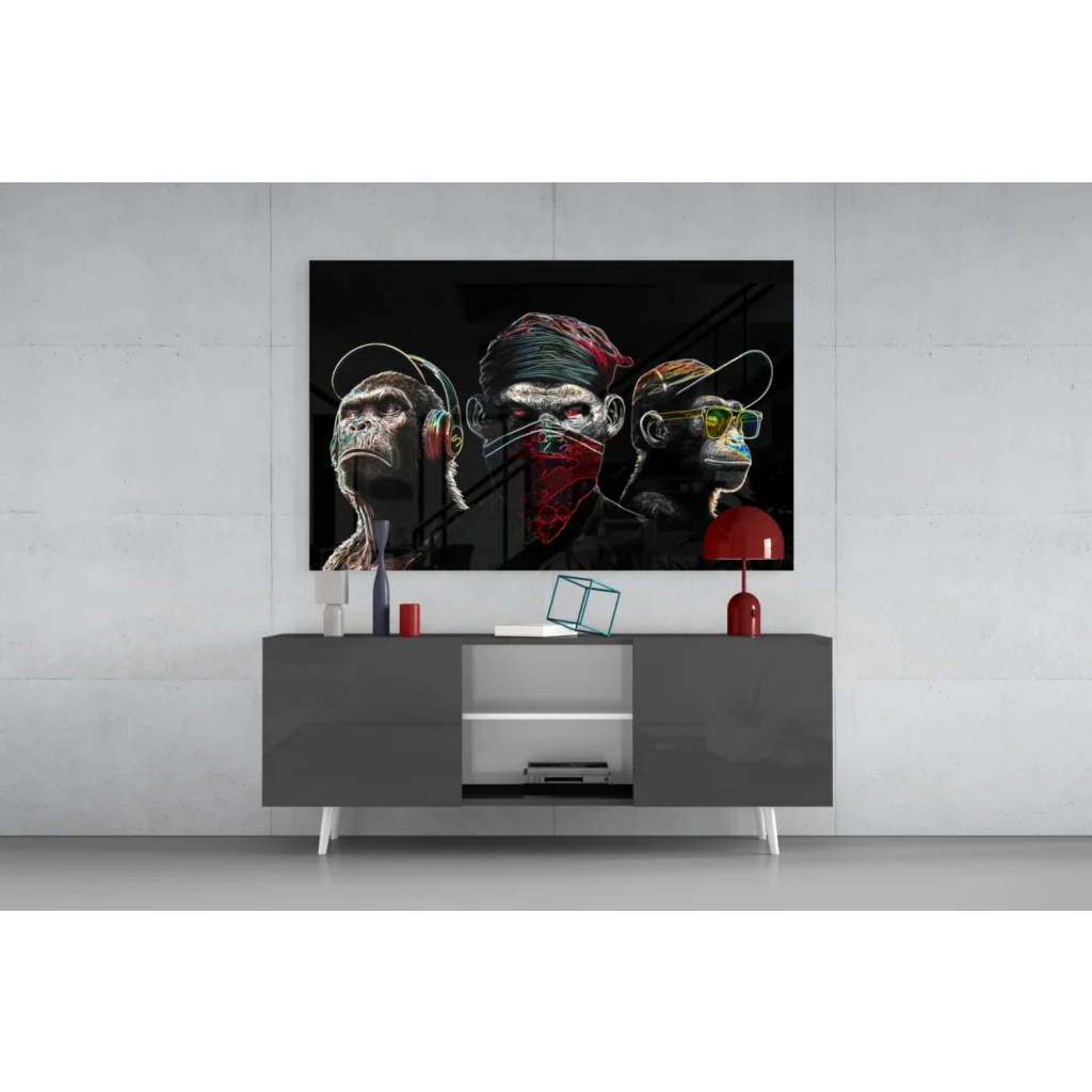 Hip Hop Monkey Trio glass wall art with headphones