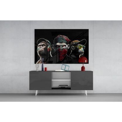 Hip Hop Monkey Trio glass wall art with headphones
