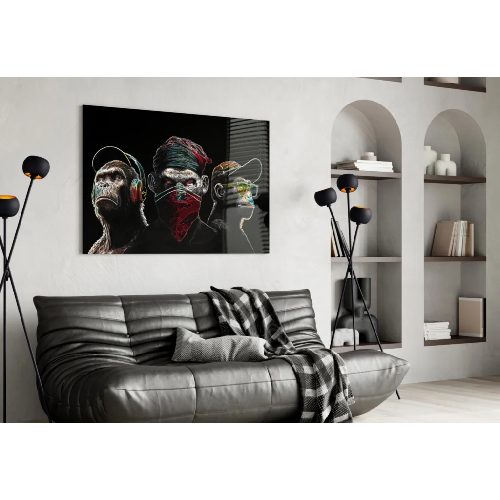 Black leather sofa with plaid throw and Hip Hop Monkey glass wall art