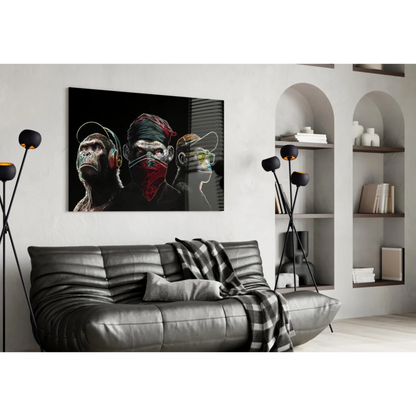 Black leather sofa with plaid throw and Hip Hop Monkey glass wall art
