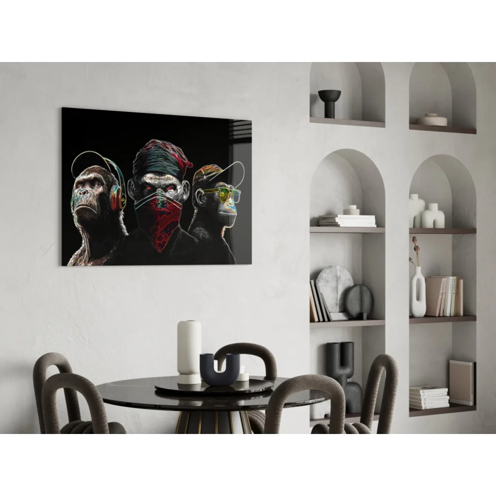 Hip Hop Monkey Trio black canvas pop art with headphones and sunglasses on glass wall