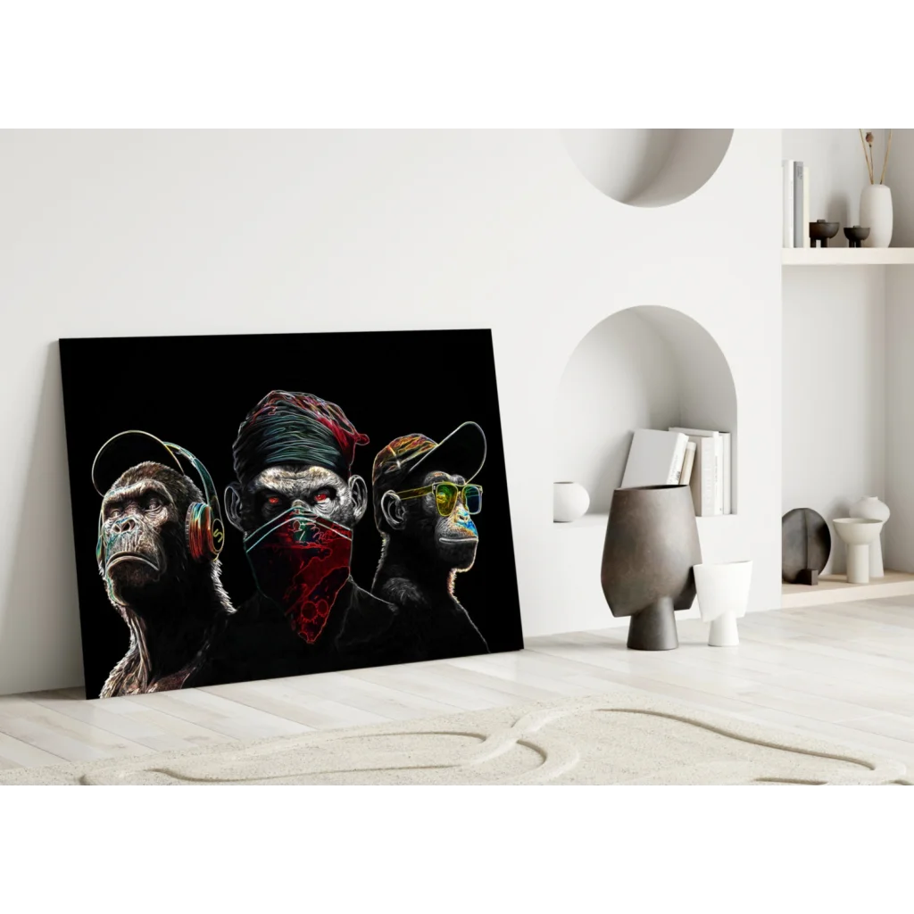 Hip Hop Monkey Trio black and white glass wall art with colorful accents