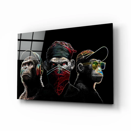 Hip Hop Monkey Trio glass wall art with headphones and hats