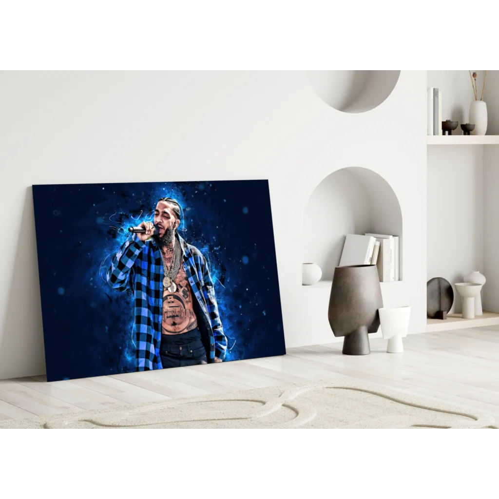 Hip hop rapper canvas wall art with blue plaid shirt and gold chain