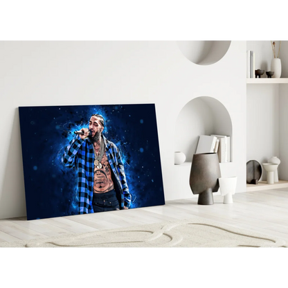 Hip hop rapper canvas wall art with blue plaid shirt and gold chain