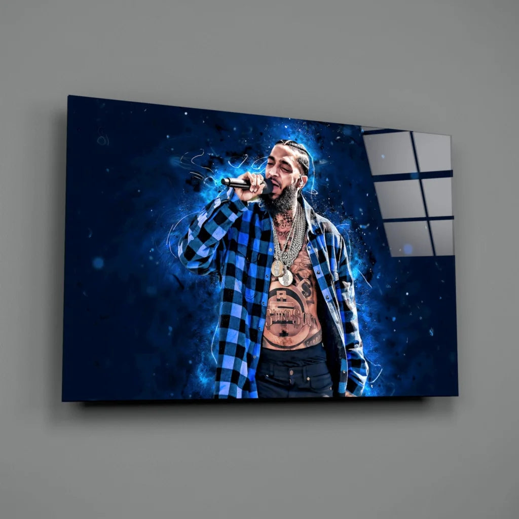 Hip hop rapper canvas wall art with blue plaid shirt and gold chain
