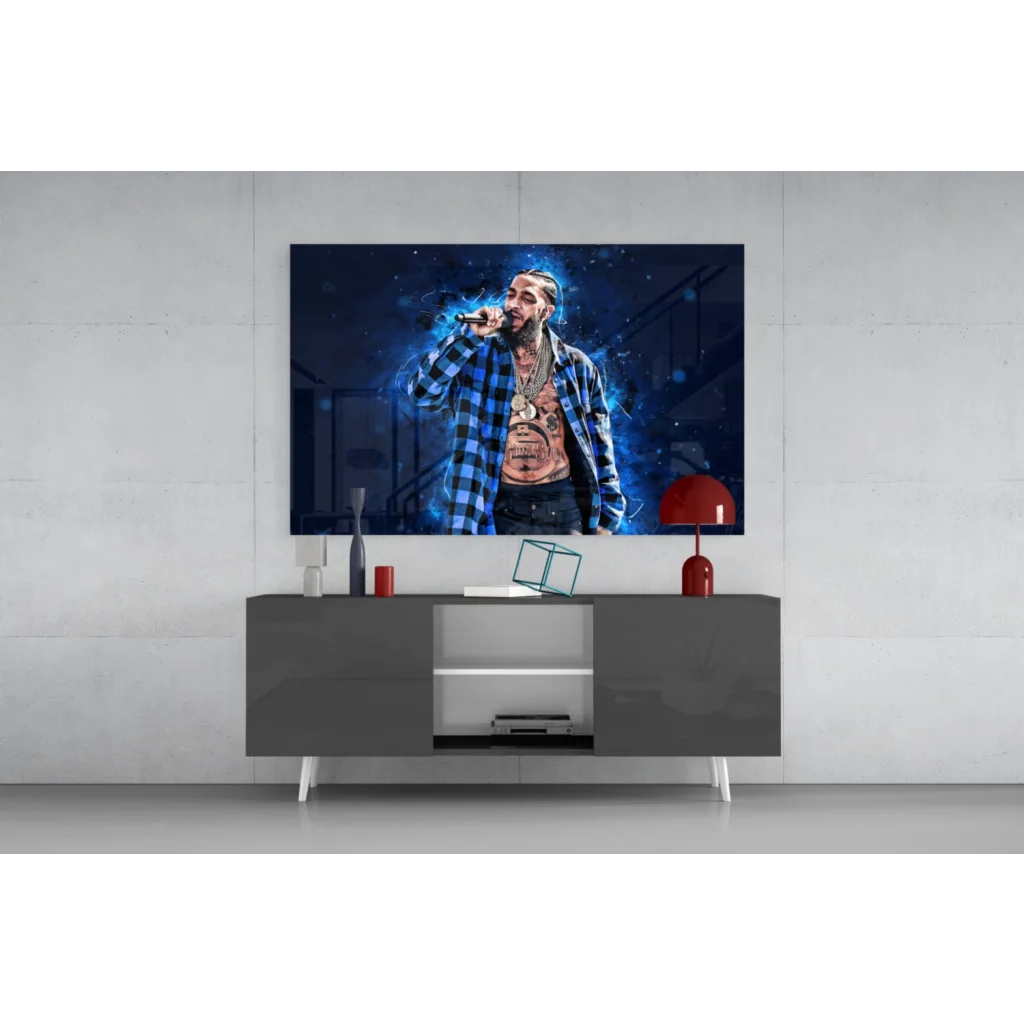 4K UHD TV in sleek black frame with silver legs showing hip hop rapper wall art