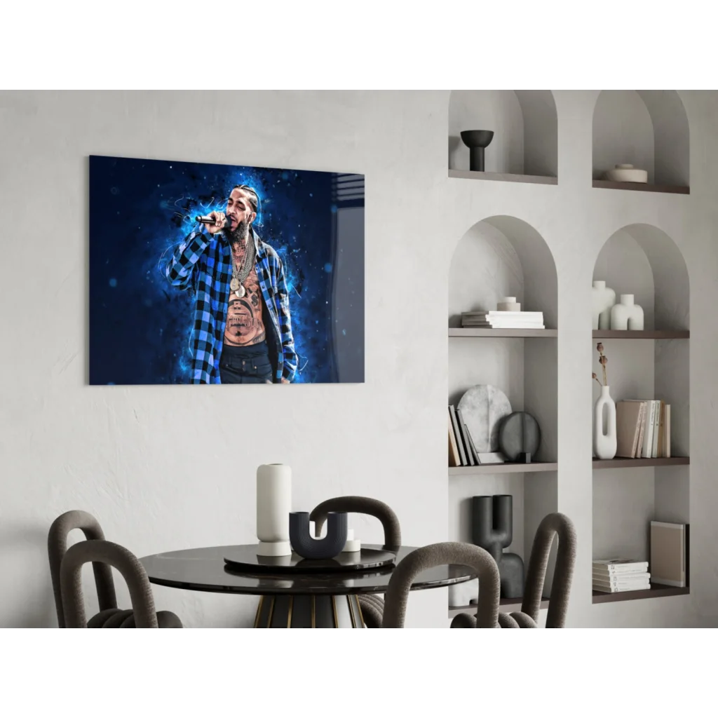 Hip Hop Rapper Glass Wall Art with Blue Plaid Shirt and Gold Chain