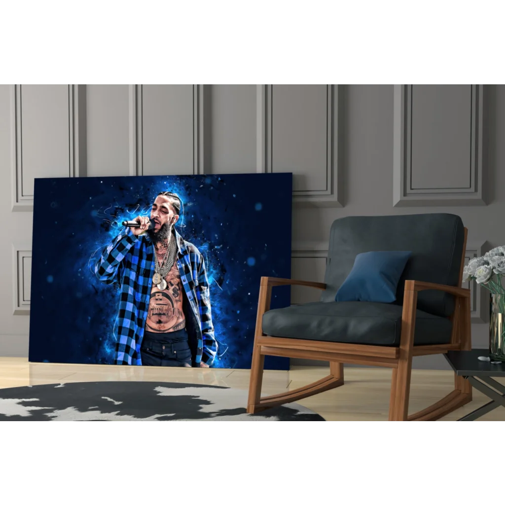 Blue and white hip hop rapper canvas wall art with plaid and gold chain