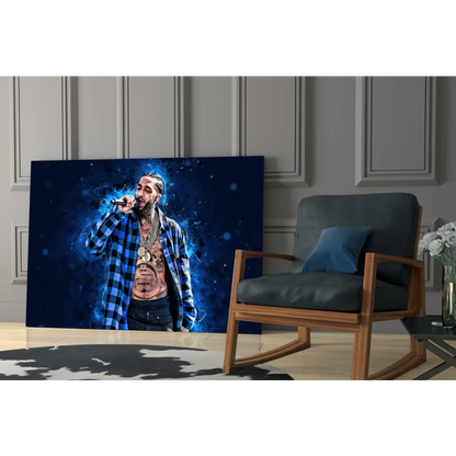 Blue and white hip hop rapper canvas wall art with plaid and gold chain