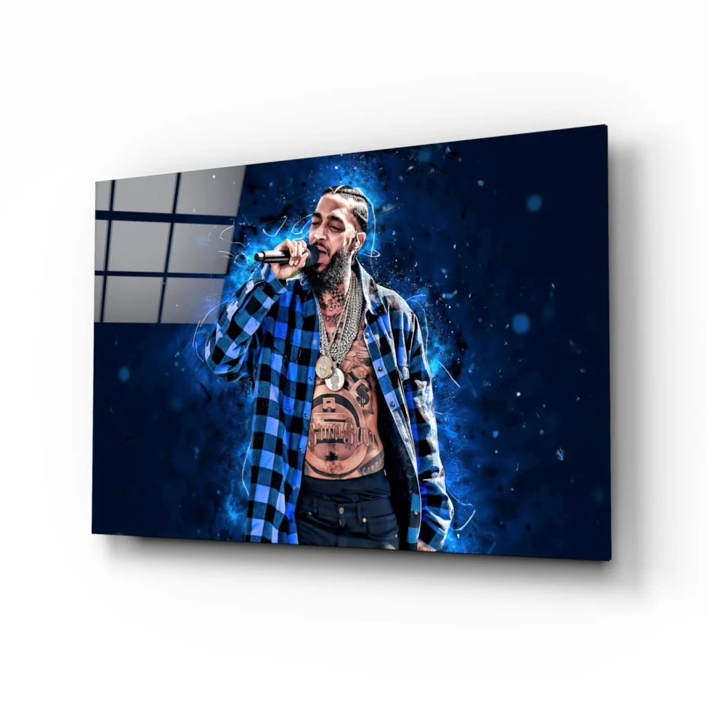 Hip hop rapper wall art with blue plaid shirt and gold chain