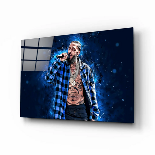 Hip hop rapper wall art with blue plaid shirt and gold chain