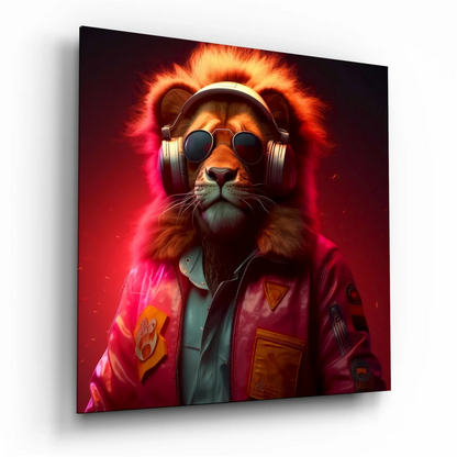 Vibrant tempered glass art of lion in headphones, shades, pink jacket