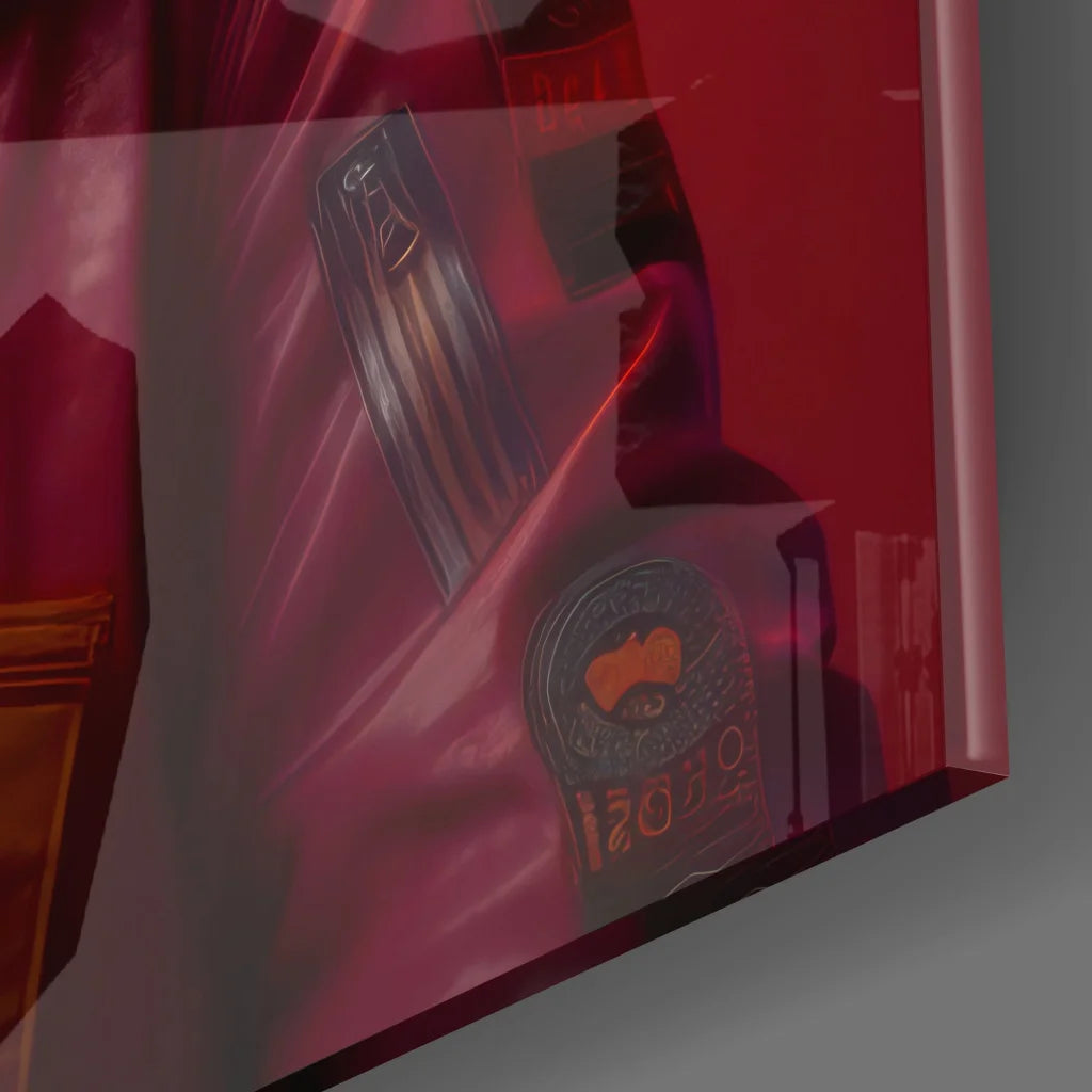 Futuristic lion tempered glass art with glossy red frame and cosmo emblem