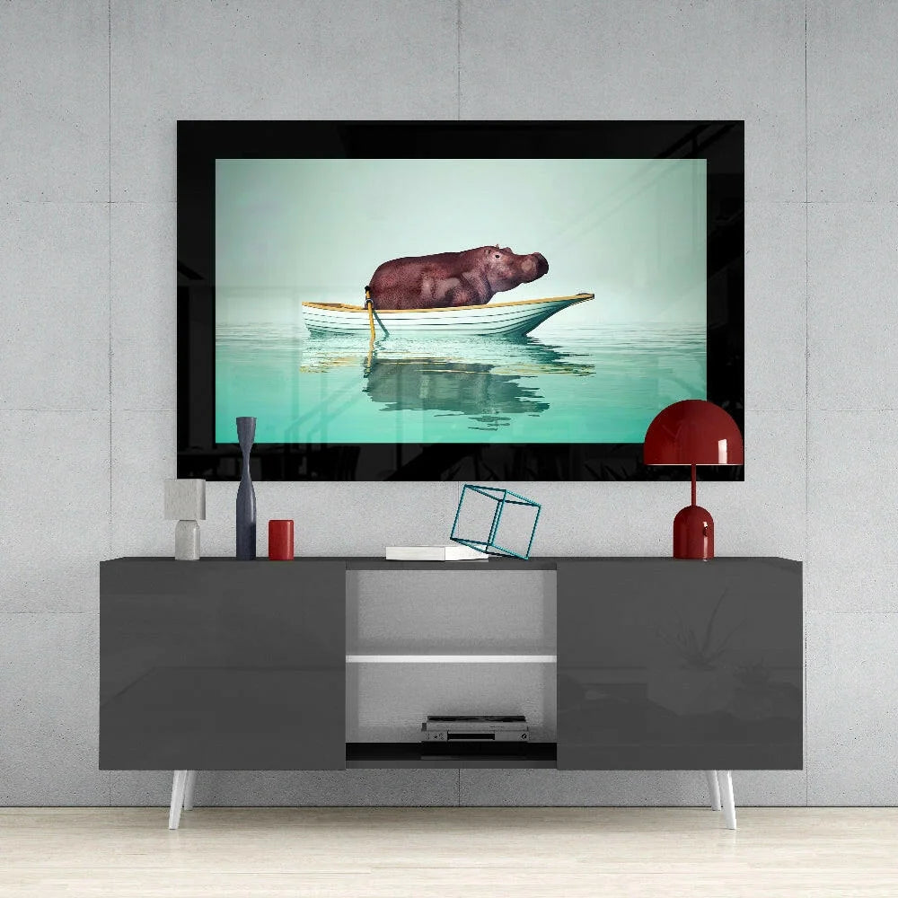Hippo in Boat Glass Wall Art with Turquoise Water Scene | Contemporary Home Wall Art | vintageantiquesgifts.com