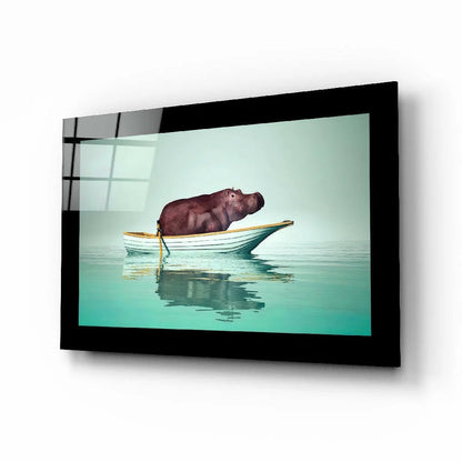 Hippo in Boat Glass Wall Art with Turquoise Water Scene | Insigneart USA | vintageantiquesgifts.com