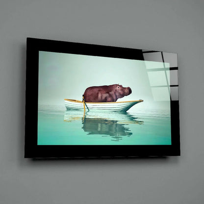 Hippo in Boat Glass Wall Art with Turquoise Water Scene | Glass Wall Art Print | vintageantiquesgifts.com