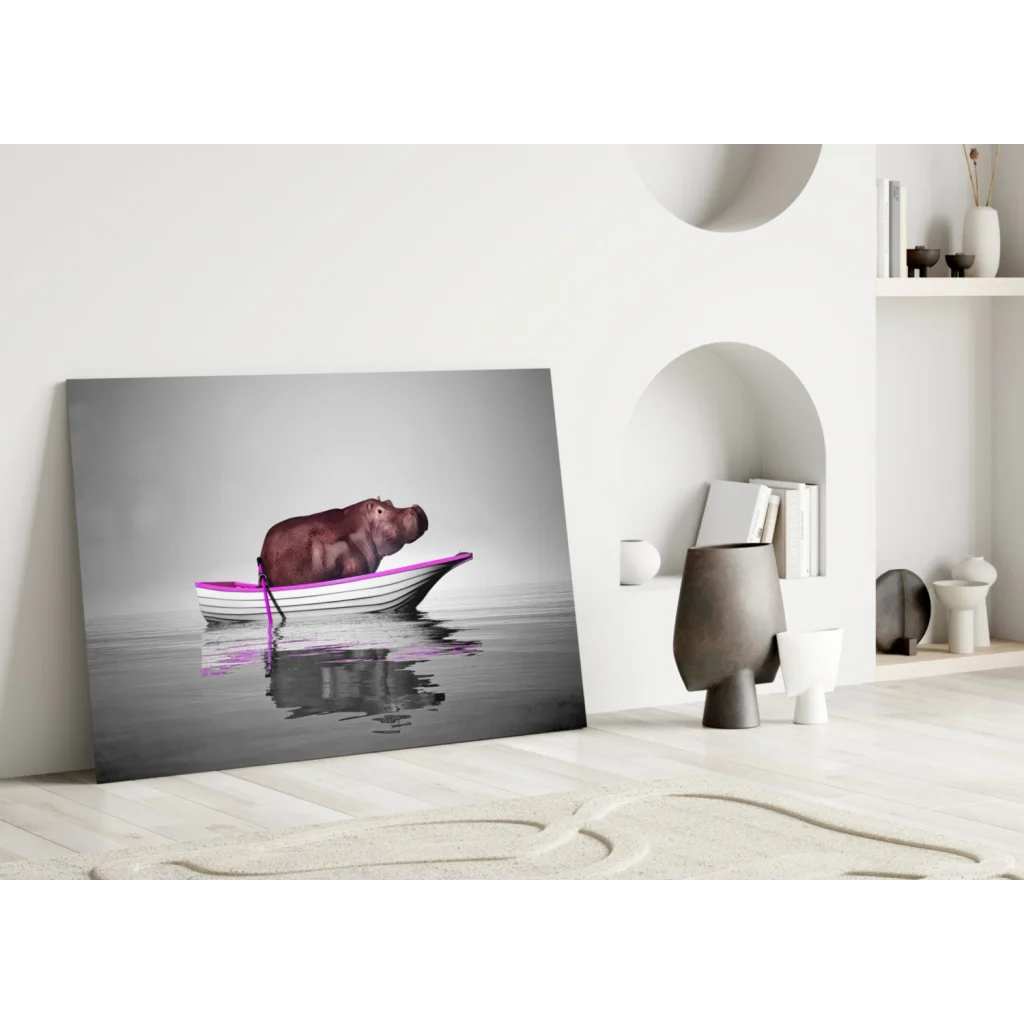 Hippo in Boat Canvas Wall Art Print | Modern Wall Art Decor | vintageantiquesgifts.com