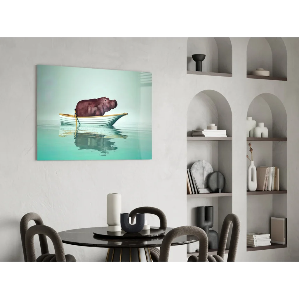 Chill hippo in rowboat canvas wall art print on turquoise water